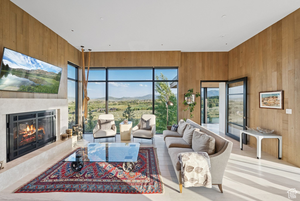 Living area featuring wood walls, a glass covered fireplace, and a mountain view