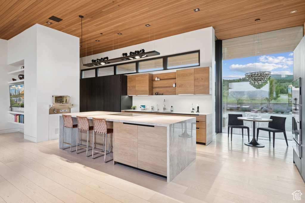 Kitchen featuring wood ceiling, open shelves, modern cabinets, a kitchen island, and light wood-type flooring