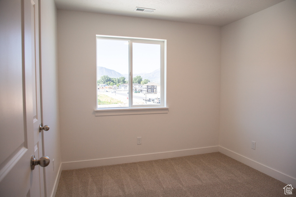 Unfurnished room with a mountain view and light carpet