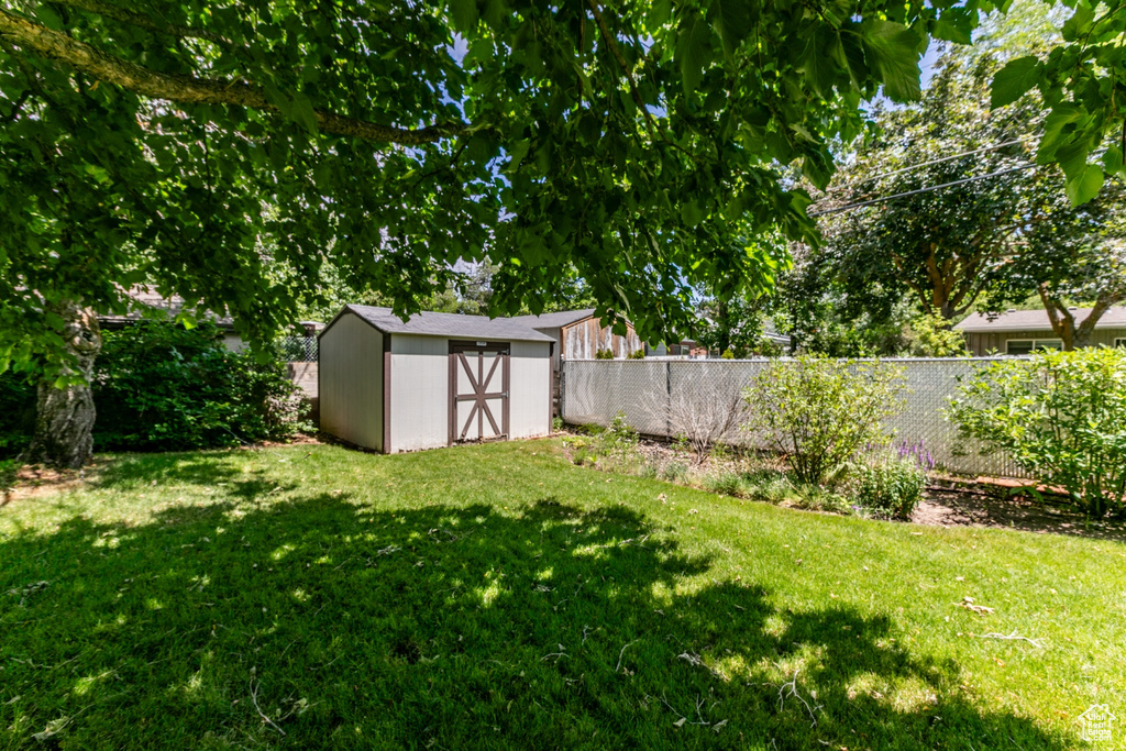 Fenced backyard with a storage unit