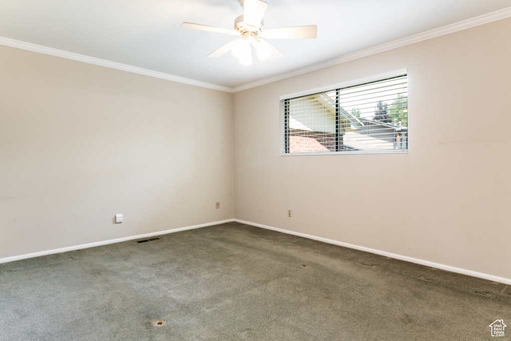 Carpeted spare room featuring ornamental molding and ceiling fan