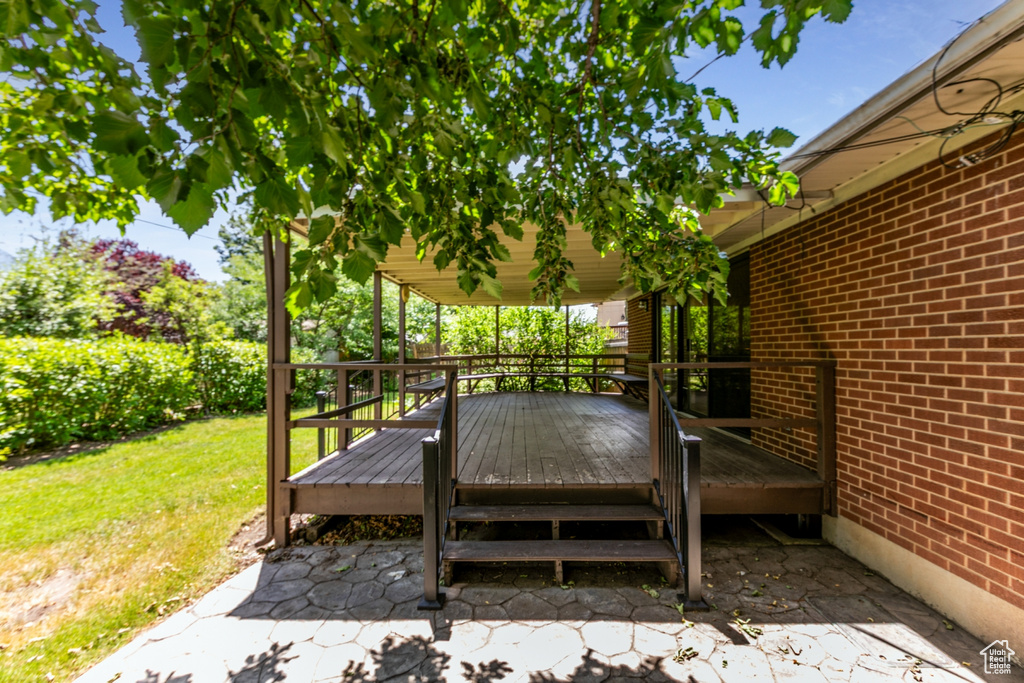 Wooden terrace with a lawn
