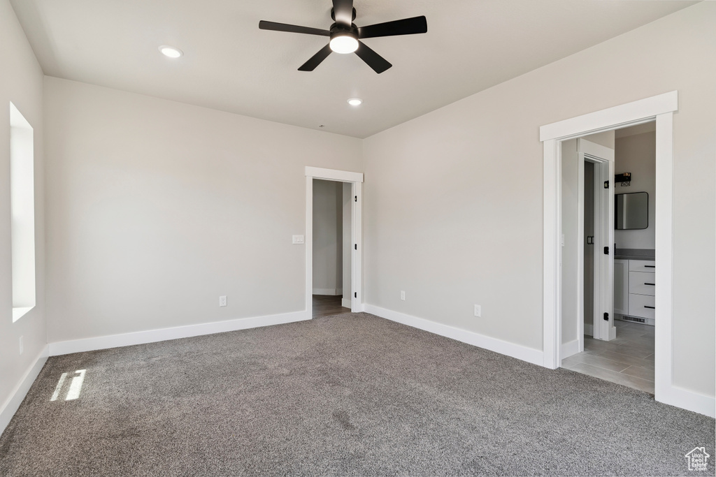 Unfurnished bedroom with carpet floors, recessed lighting, and ceiling fan