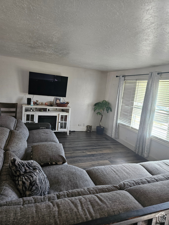 Living area featuring wood finished floors and a textured ceiling