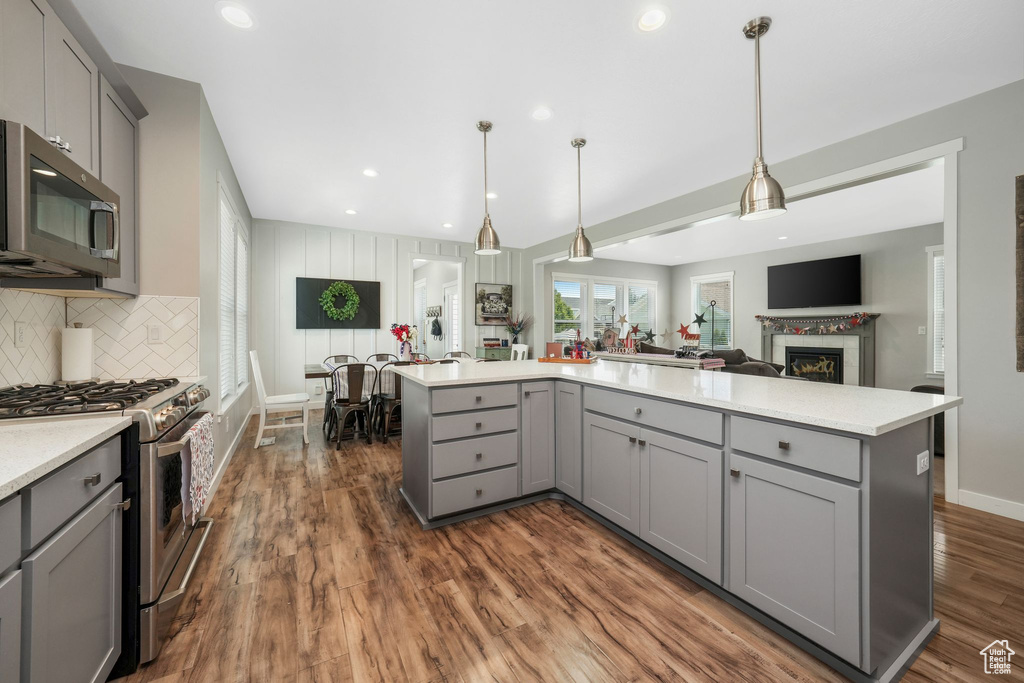 Kitchen with gray cabinets, stainless steel appliances, dark wood-style floors, and recessed lighting