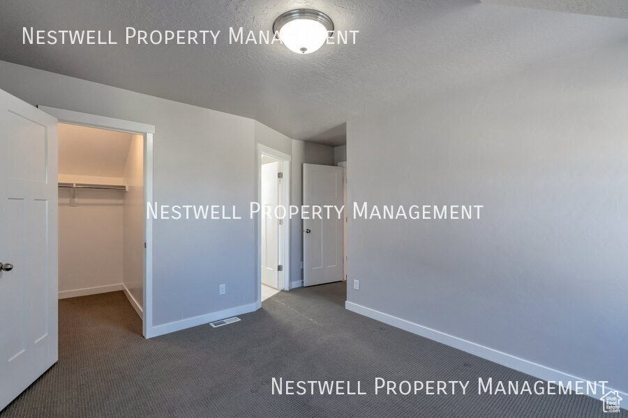 Unfurnished bedroom featuring a walk in closet, carpet flooring, a closet, and a textured ceiling