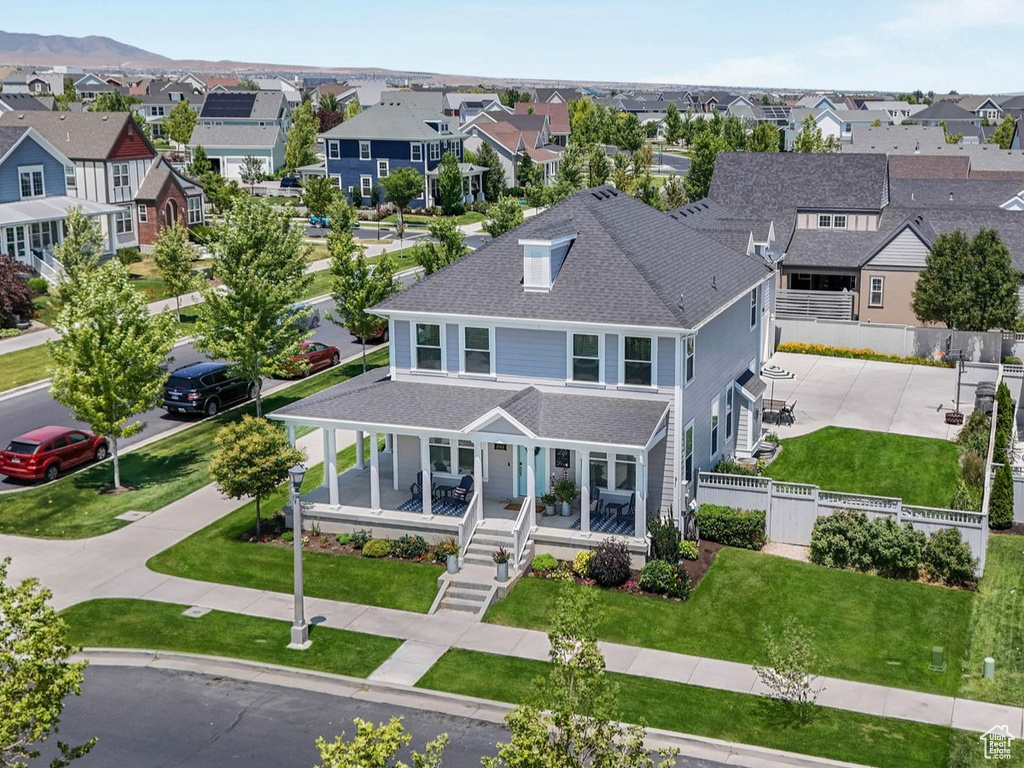 Aerial view of residential area with mountains