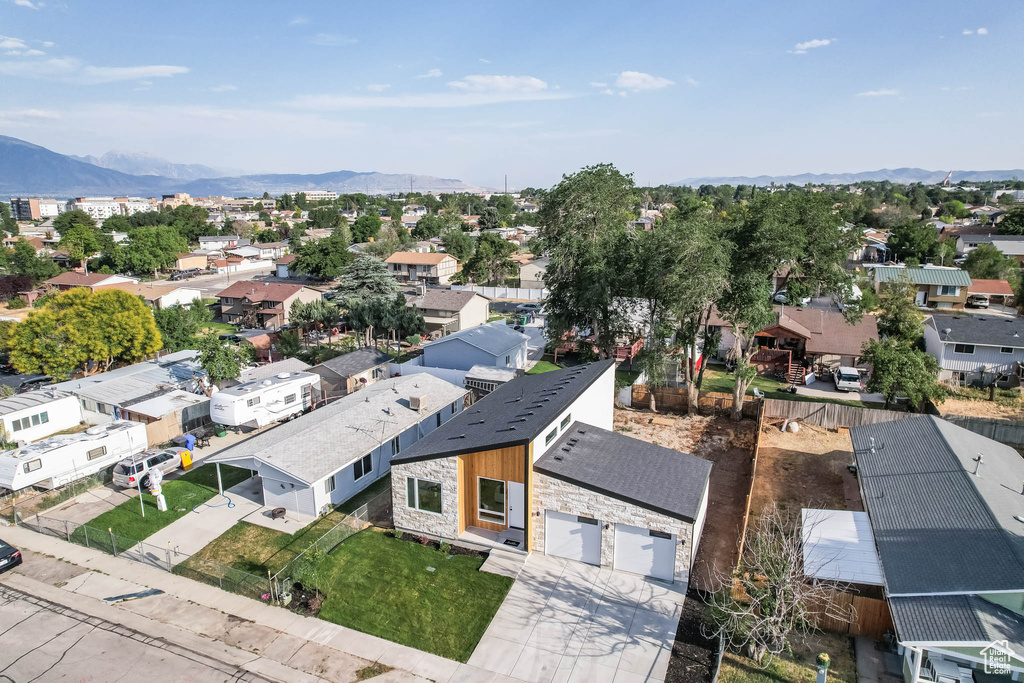 Aerial perspective of suburban area featuring mountains