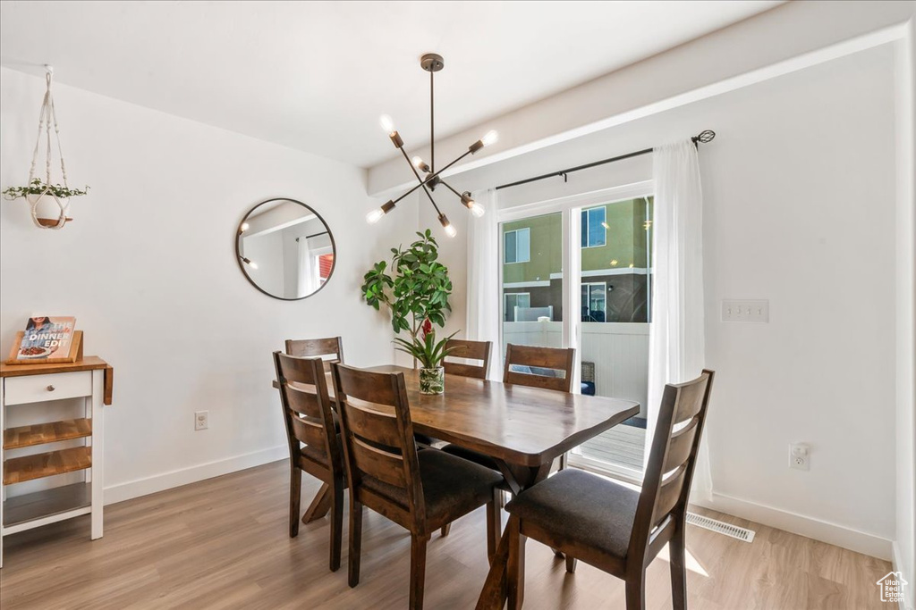 Dining area featuring a chandelier and light wood finished floors