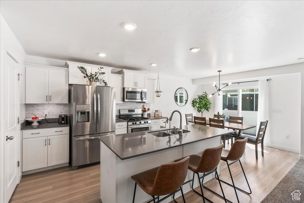 Kitchen with appliances with stainless steel finishes, a chandelier, dark countertops, backsplash, and recessed lighting