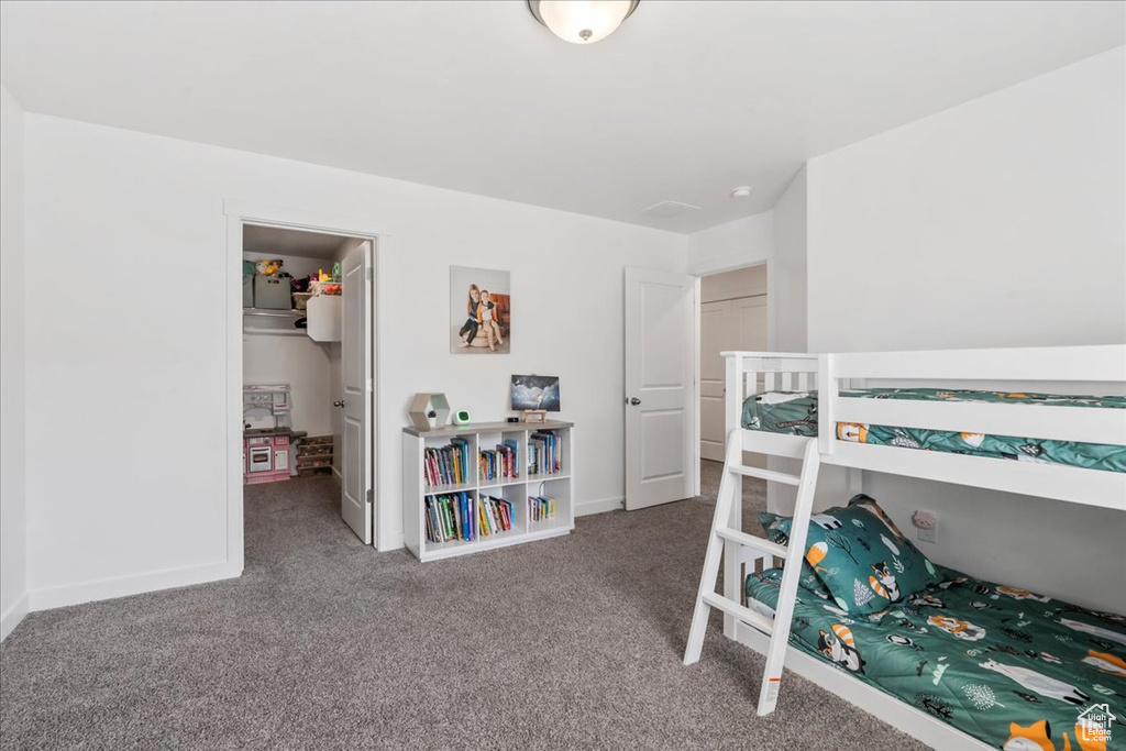 Carpeted bedroom featuring a spacious closet and baseboards