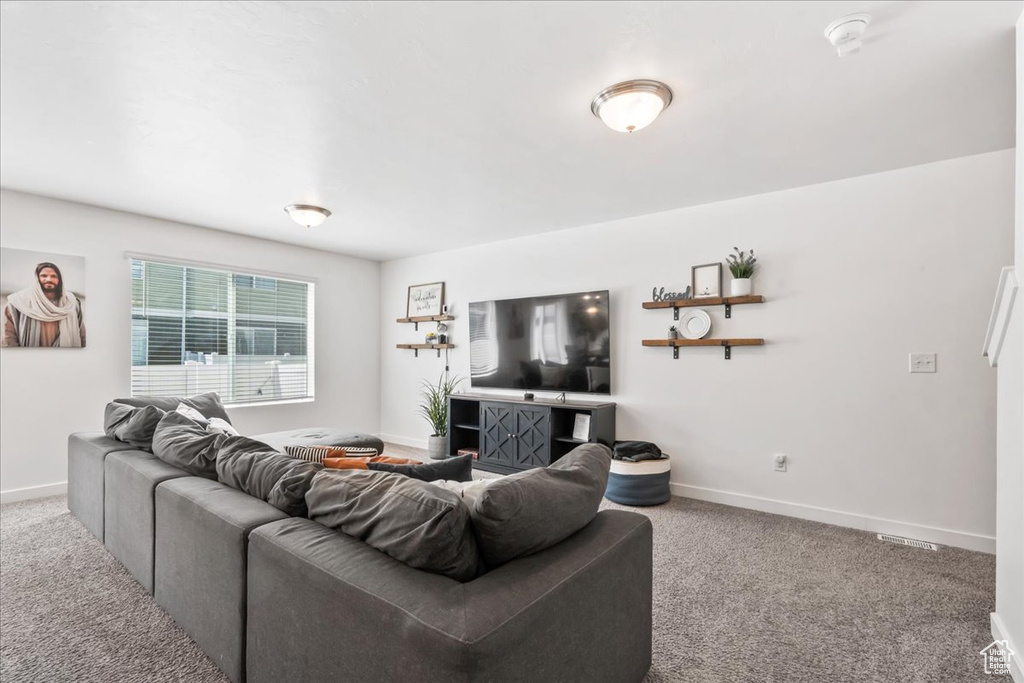 Carpeted living area with baseboards
