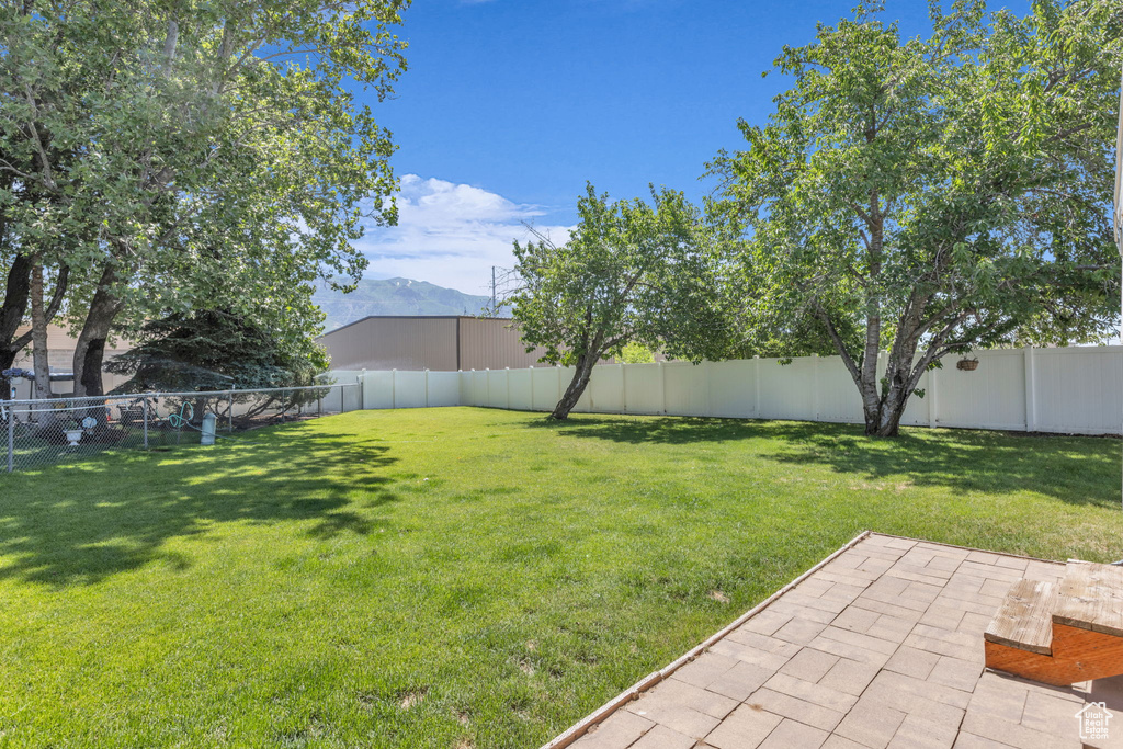 Fenced backyard featuring a patio and a mountain view