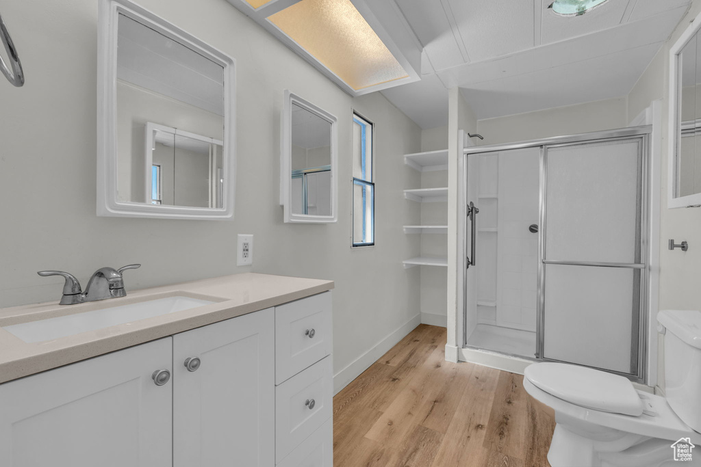 Full bathroom with wood finished floors, vanity, and a stall shower