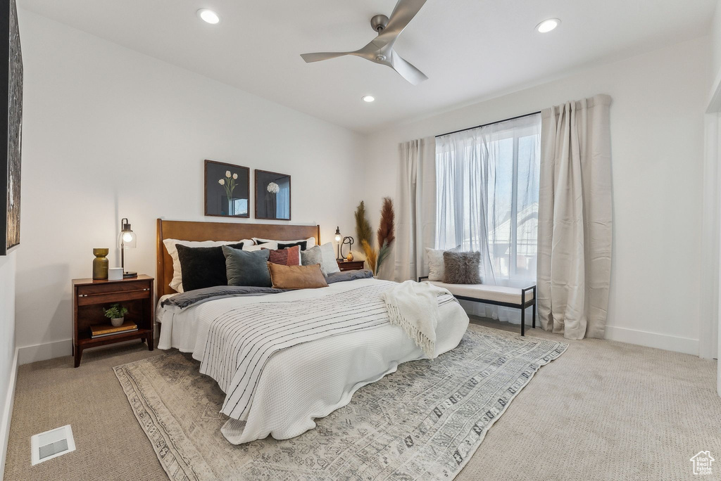 Bedroom featuring carpet, recessed lighting, and a ceiling fan