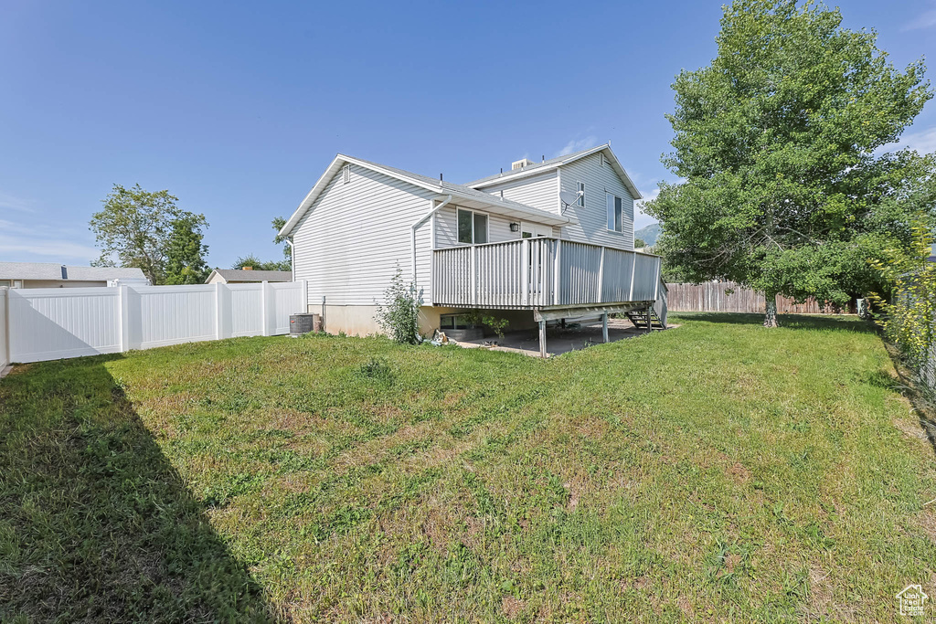 Fenced backyard with a deck