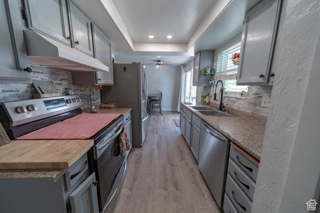Kitchen featuring stainless steel appliances, under cabinet range hood, decorative backsplash, light wood-style floors, and recessed lighting
