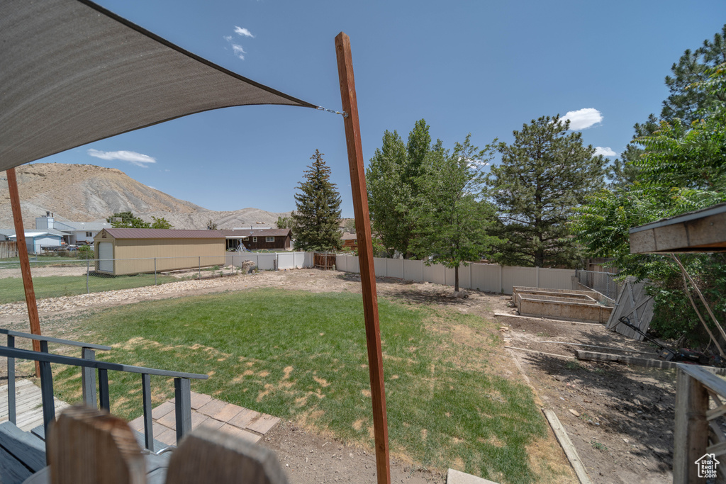 Fenced backyard with a mountain view