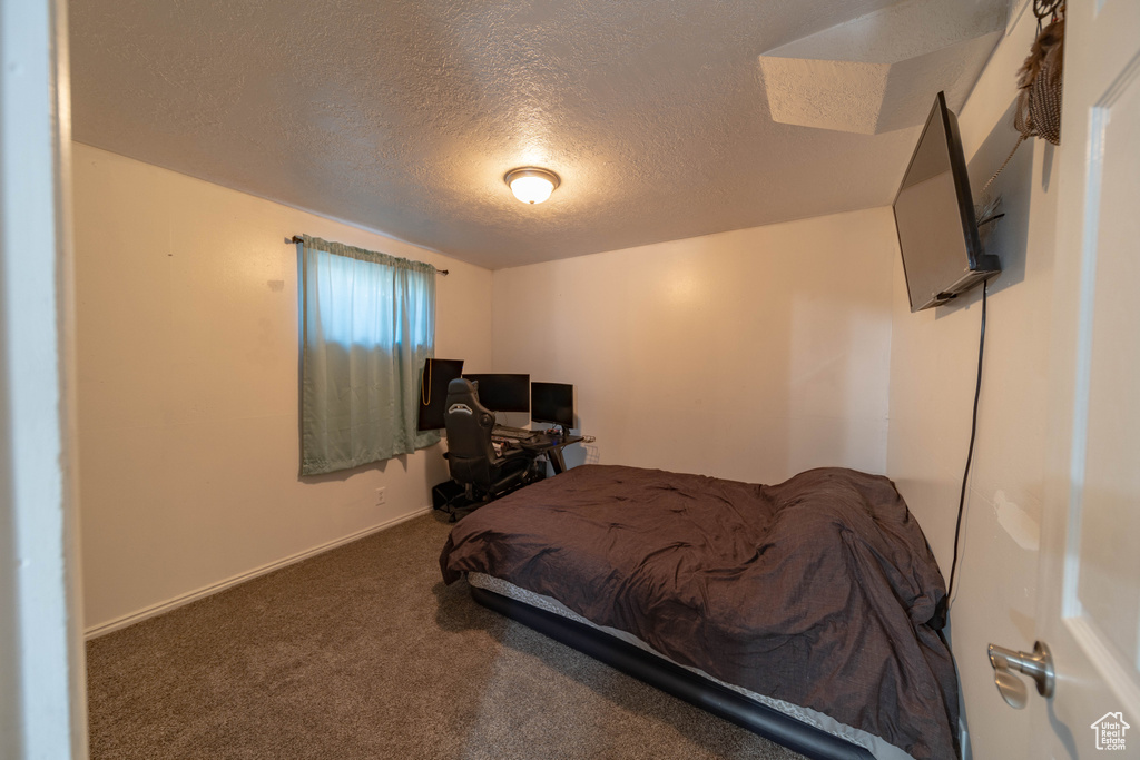 Bedroom featuring a textured ceiling and carpet