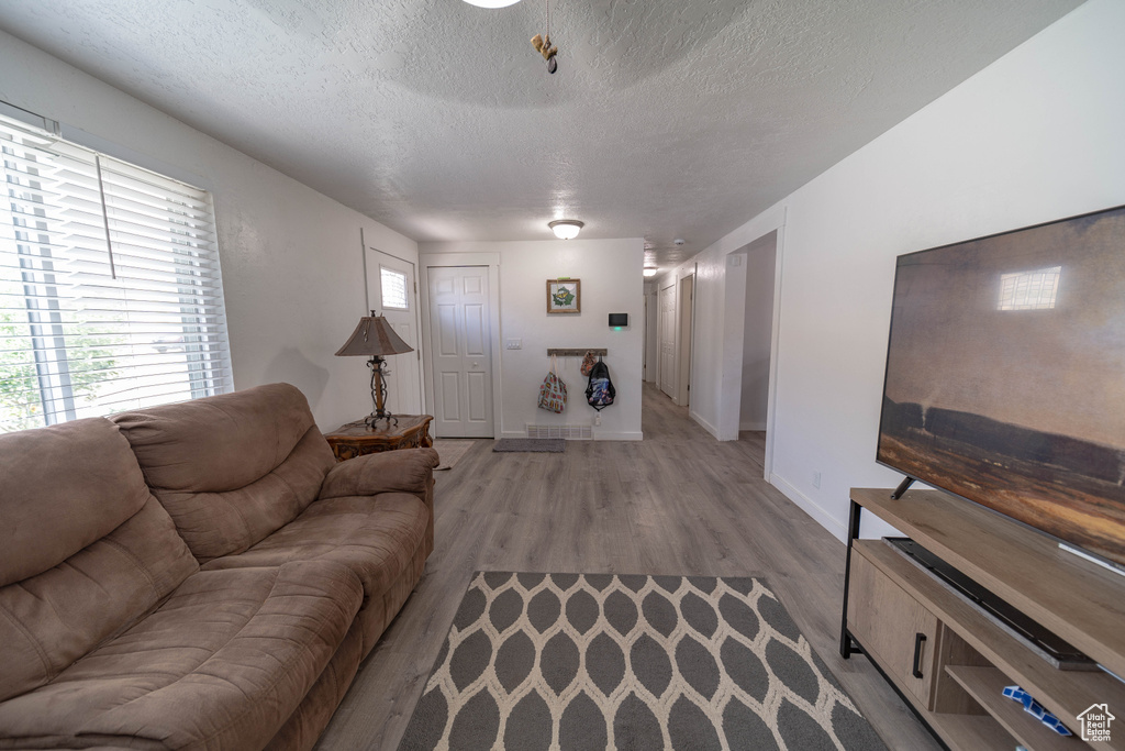 Living room with a textured ceiling and light wood finished floors