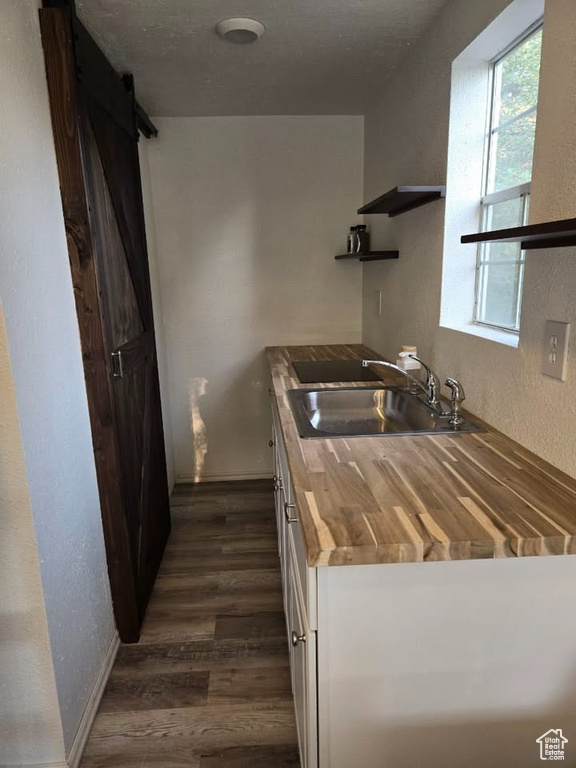 Kitchen featuring open shelves, dark wood-type flooring, a textured wall, white cabinetry, and butcher block countertops