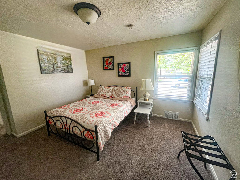 Bedroom with a textured ceiling and carpet floors