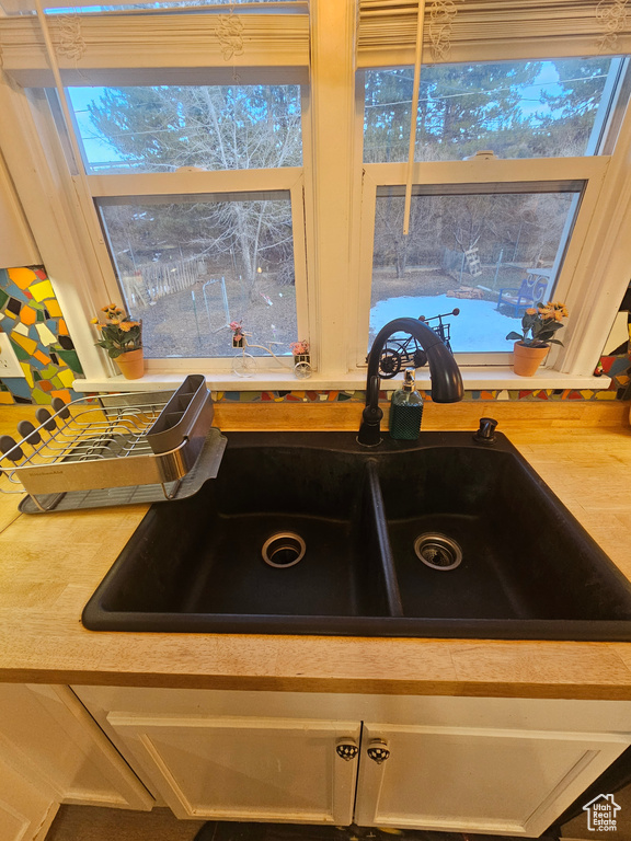 Kitchen view of a sink and light countertops