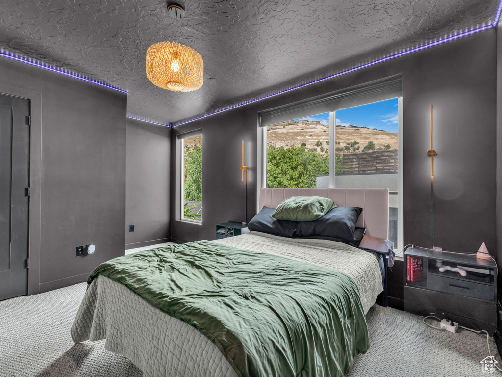Bedroom with carpet and a textured ceiling