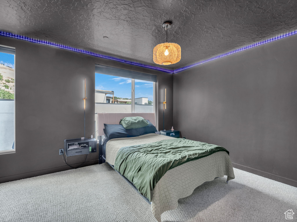Carpeted bedroom with multiple windows and a textured ceiling