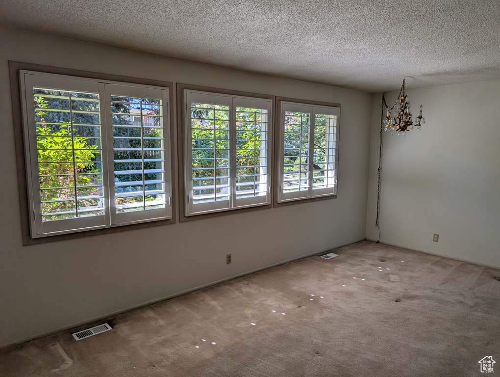 Carpeted empty room with a textured ceiling