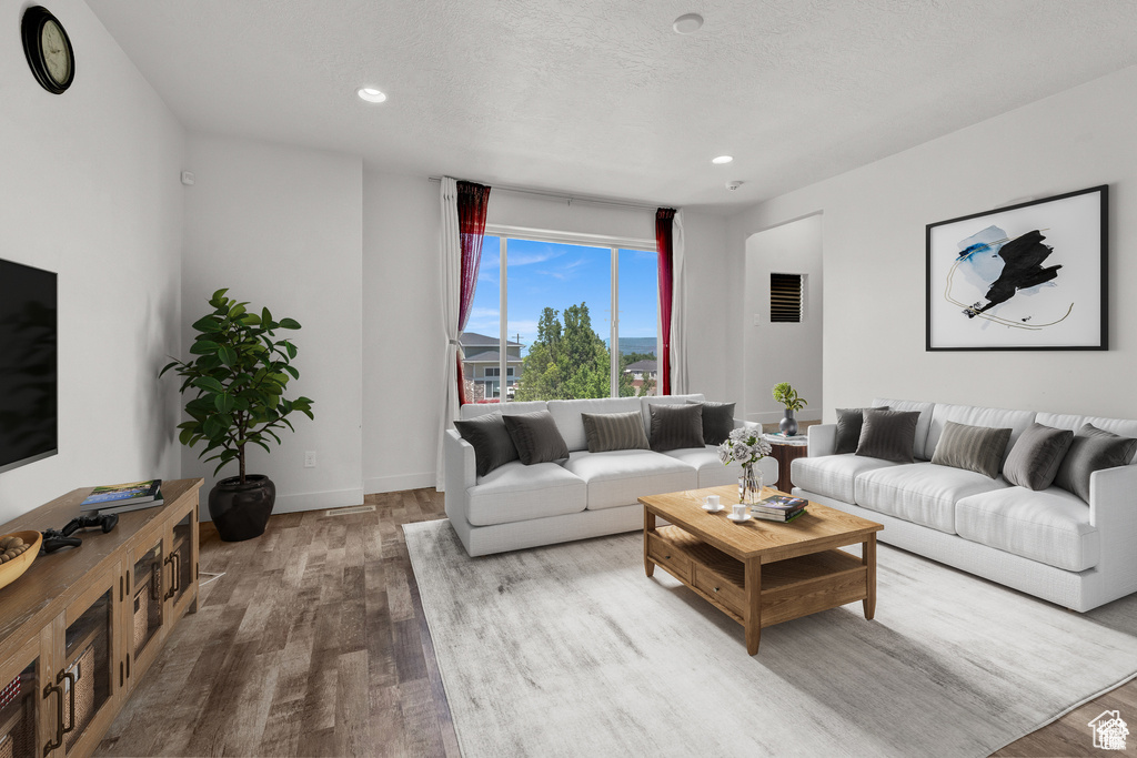 Living area featuring wood finished floors and recessed lighting