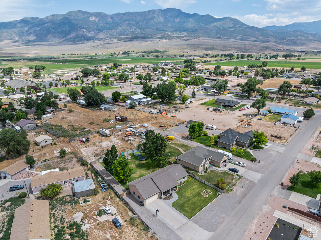 Aerial view of residential area with mountains