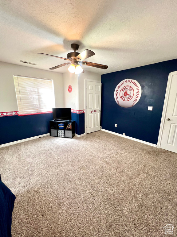 Living area featuring a ceiling fan, carpet, and a textured ceiling