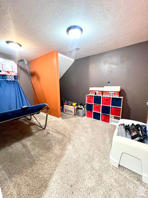 Game room featuring a textured ceiling and carpet floors