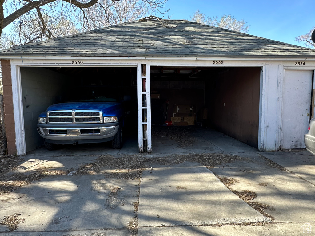 View of detached garage
