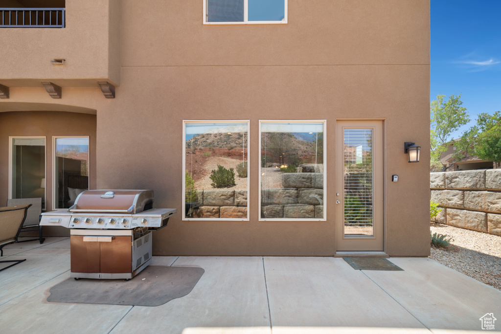 View of patio with area for grilling