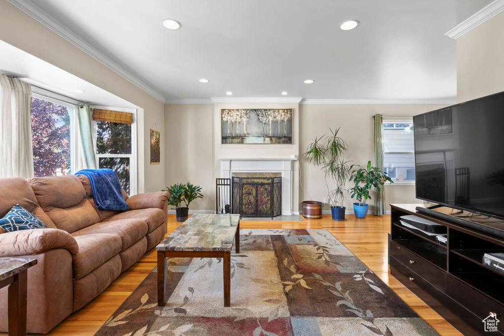 Living room with a fireplace, wood finished floors, ornamental molding, and recessed lighting