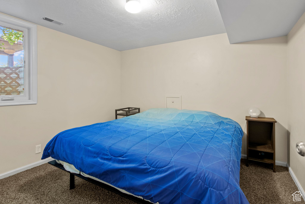 Bedroom with carpet and a textured ceiling