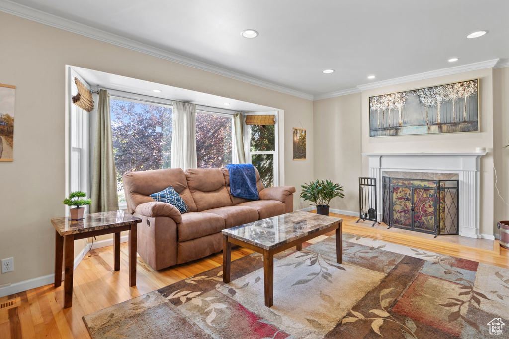 Living area featuring crown molding, light wood-style flooring, recessed lighting, and a fireplace