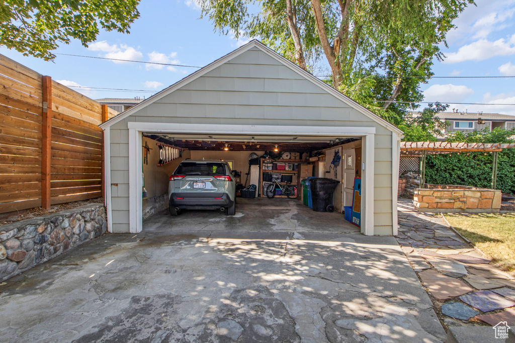 View of detached garage