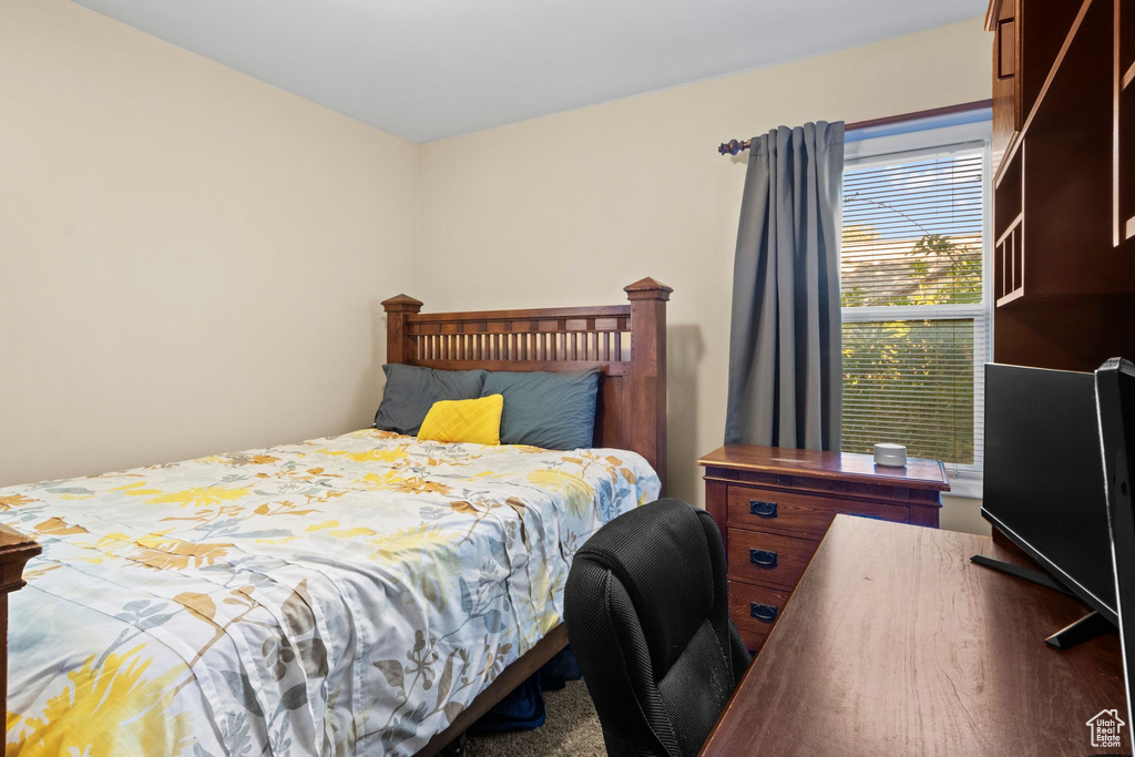 Bedroom with dark carpet