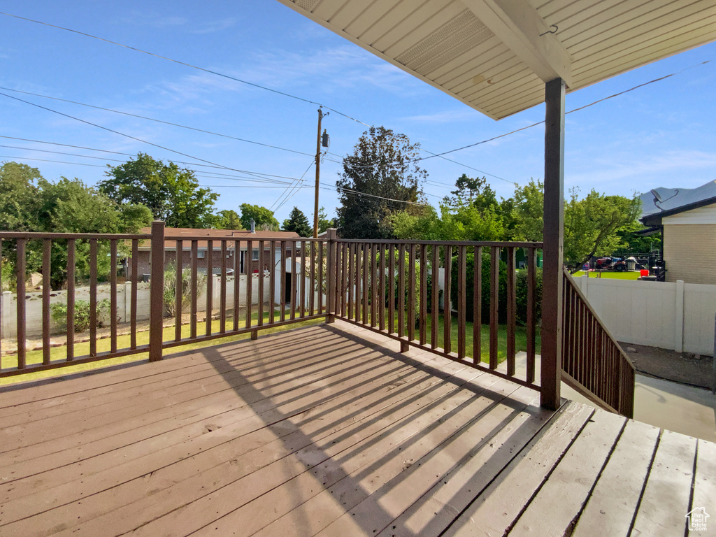 Wooden deck featuring a fenced backyard