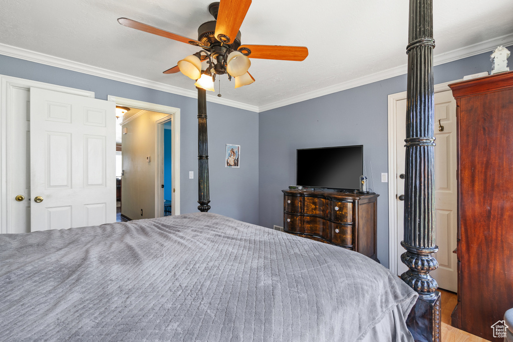 Bedroom featuring ornamental molding and ceiling fan