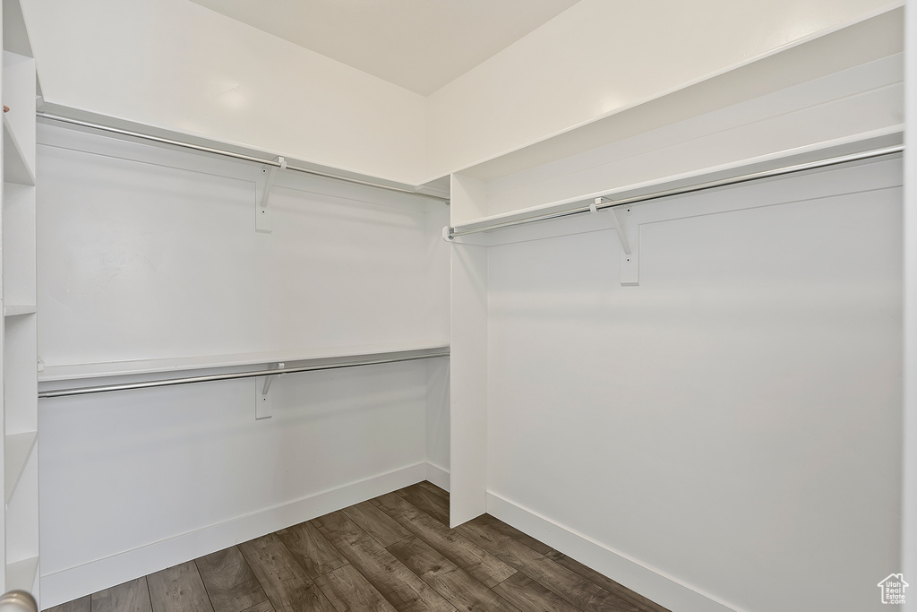 Walk in closet featuring dark wood-style floors