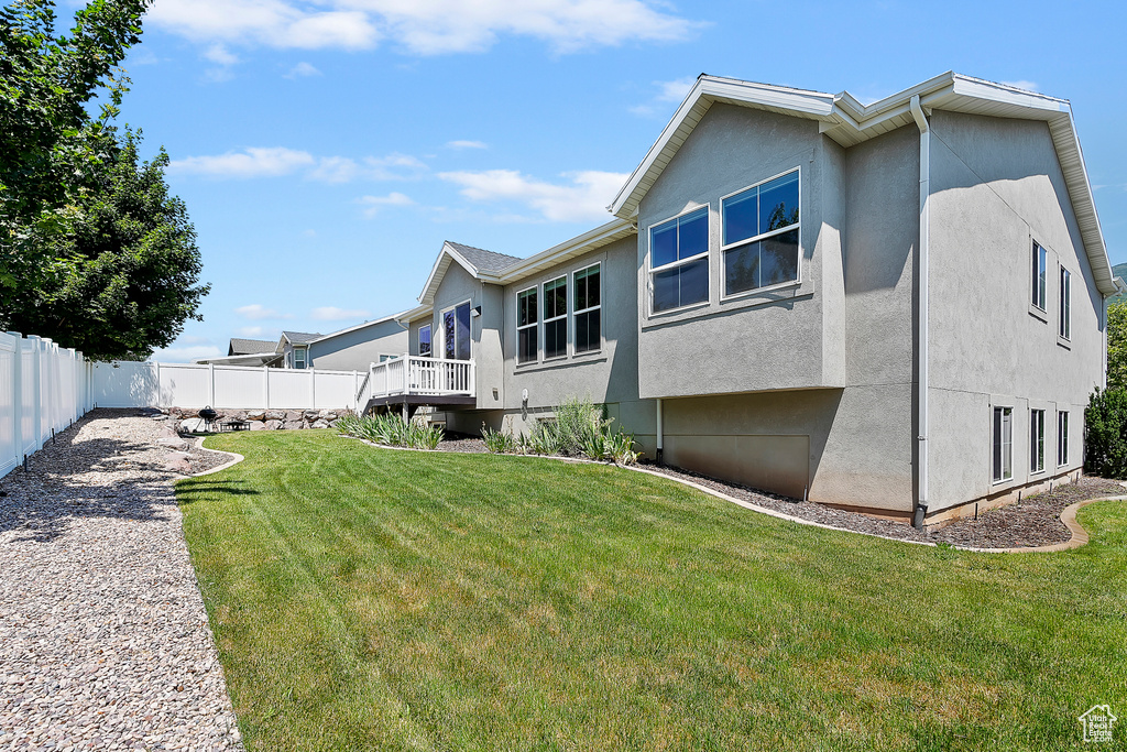 Back of property featuring stucco siding, a fenced backyard, and a deck