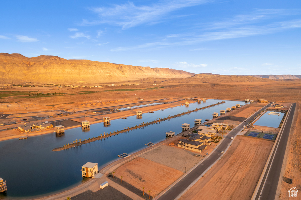 Aerial view of a water and mountain view