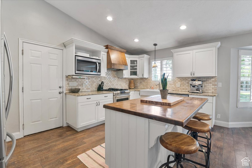 Kitchen with appliances with stainless steel finishes, custom exhaust hood, tasteful backsplash, white cabinets, and dark wood-type flooring