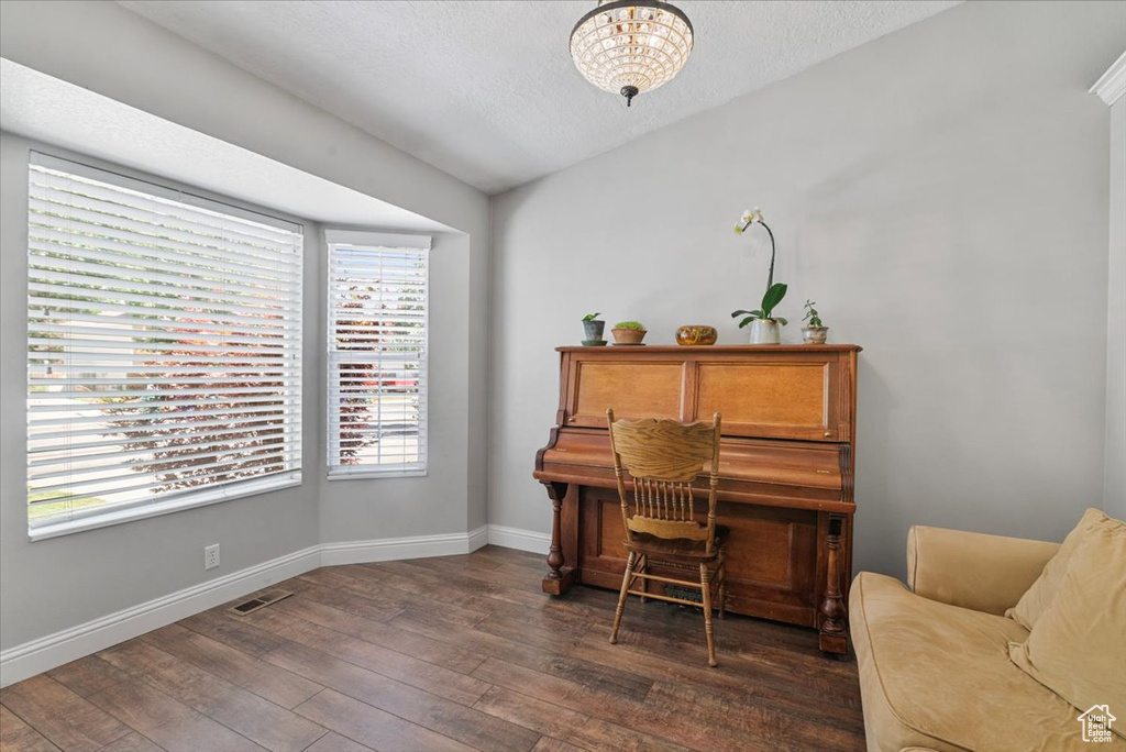 Home office featuring dark wood finished floors and a textured ceiling