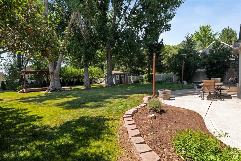 Fenced backyard featuring a patio area and a storage shed