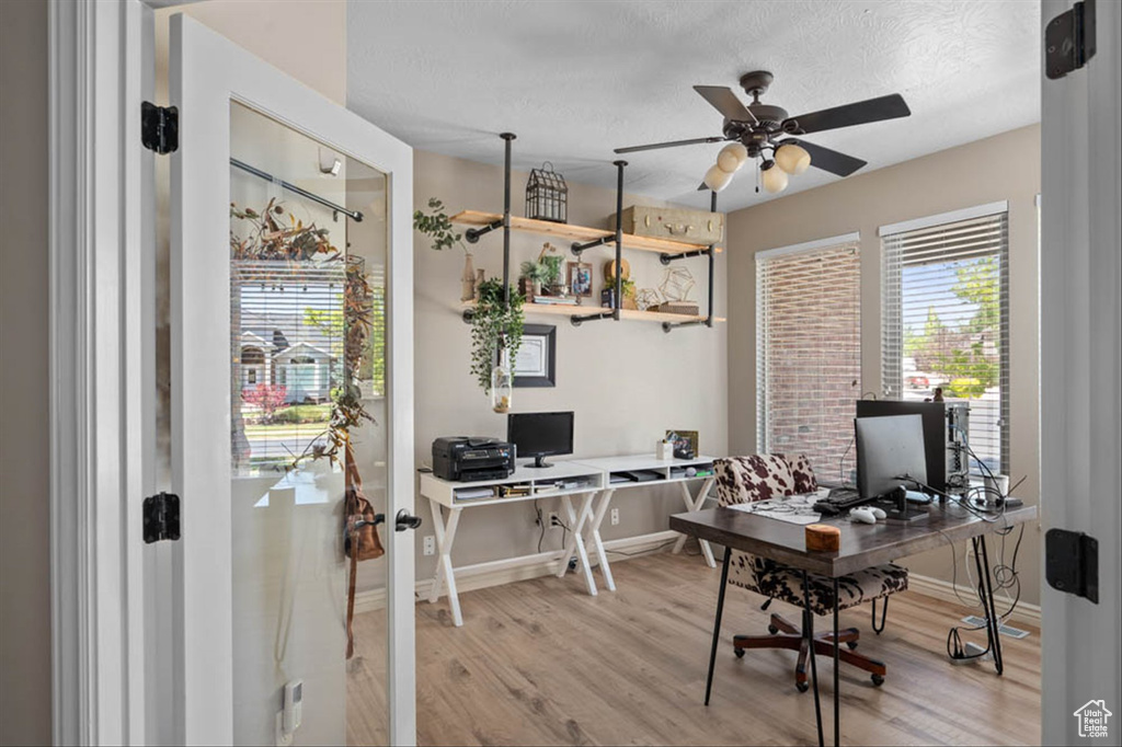 Home office featuring light wood-type flooring, a ceiling fan, and a textured ceiling